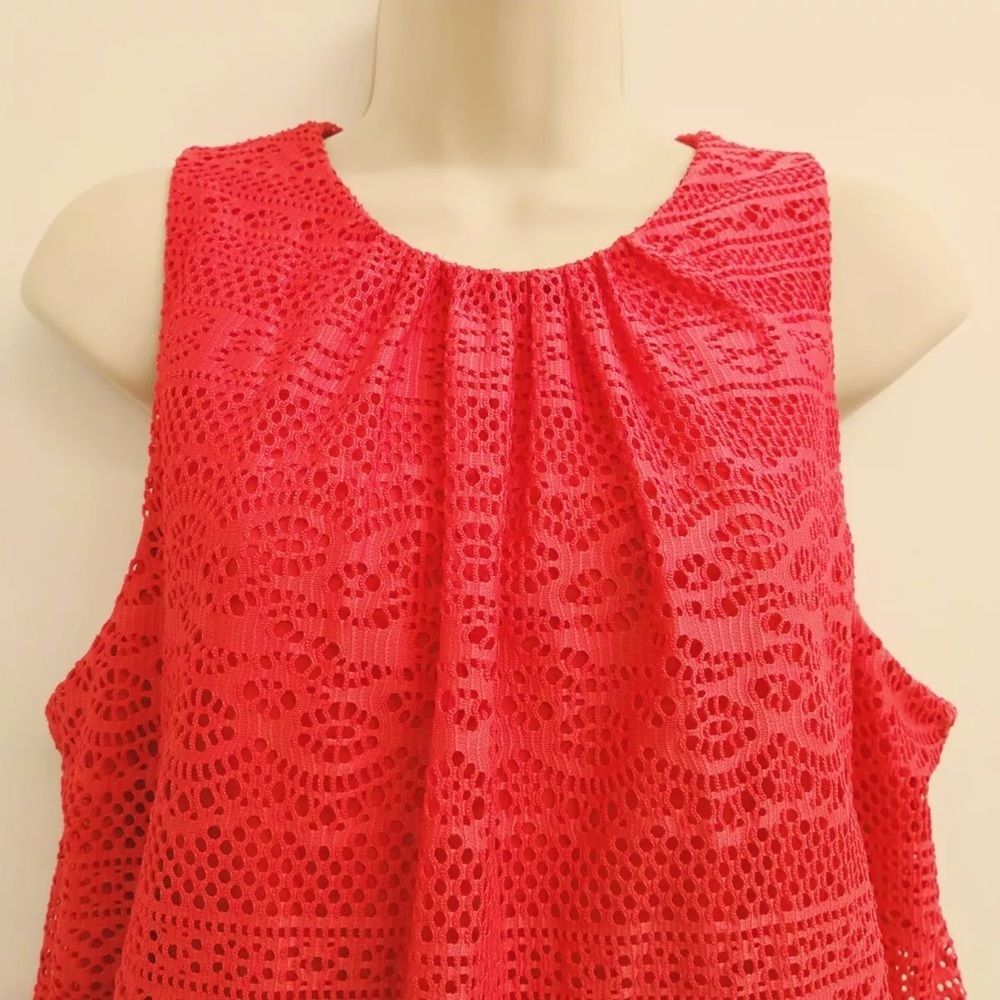London Times Dress Women Size 12 Red Sleeveless Round Neck Midi Crochet Style - Picture 4 of 13